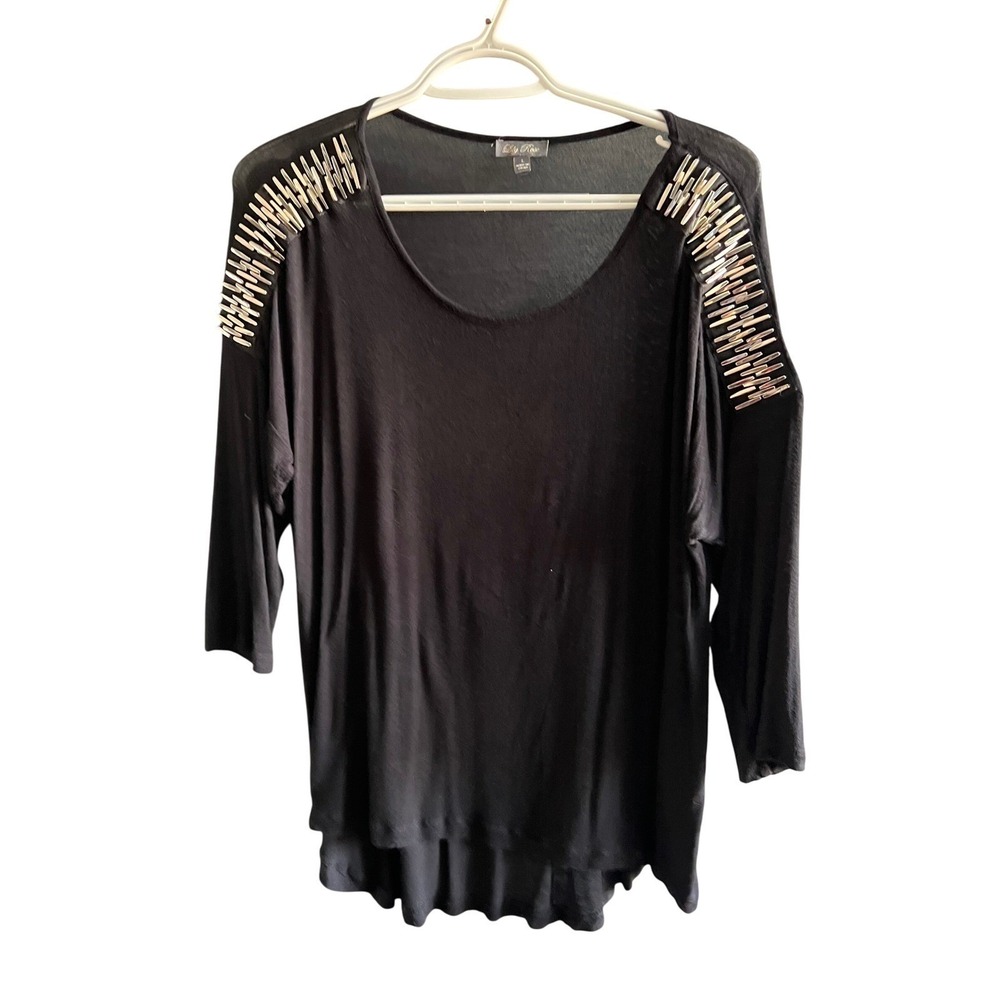 Lily Rose Womens Black Beaded Shoulder Scoop Neck 3/4 Sleeve High Low Blouse L